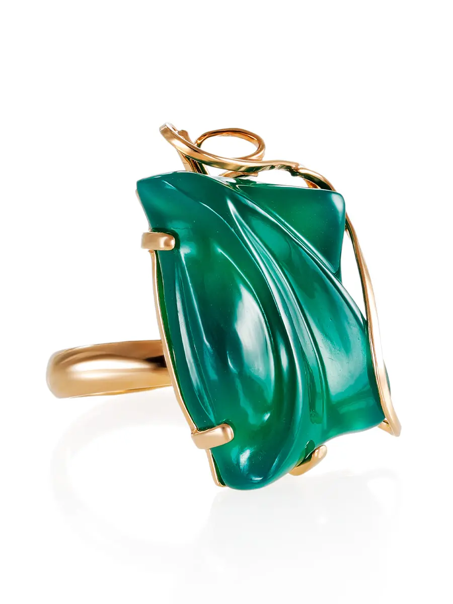картинка Крупное коктейльное кольцо из золочённого серебра с зелёным ониксом «Серенада» в онлайн магазине