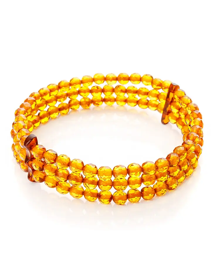 картинка Трёхрядный браслет из натурального янтаря золотистого оттенка «Карамель алмазная» в онлайн магазине