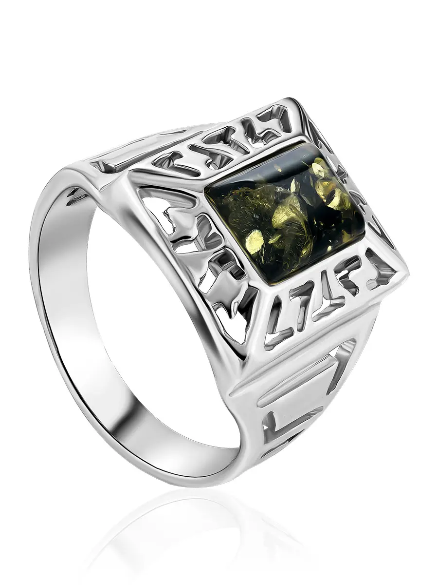 картинка Серебряный перстень-унисекс с натуральным зелёным янтарём «Итака» в онлайн магазине