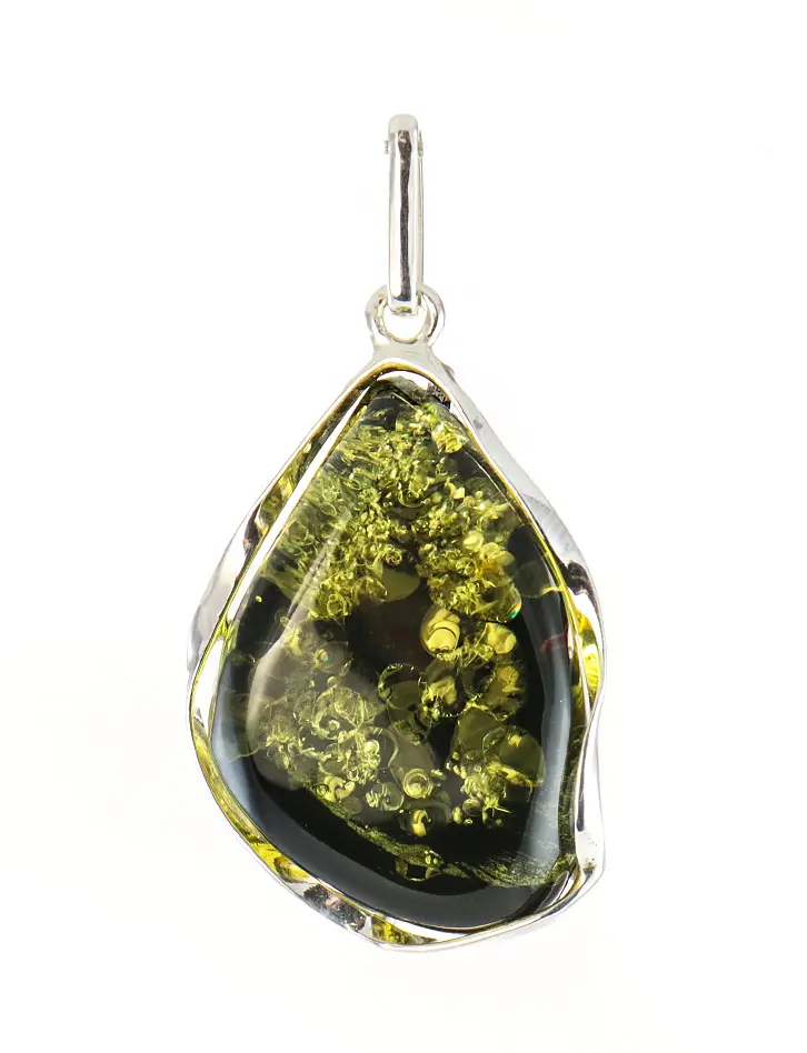 картинка Изящная подвеска из натурального янтаря насыщенного зелёного цвета каплевидной формы в серебре «Лагуна» в онлайн магазине