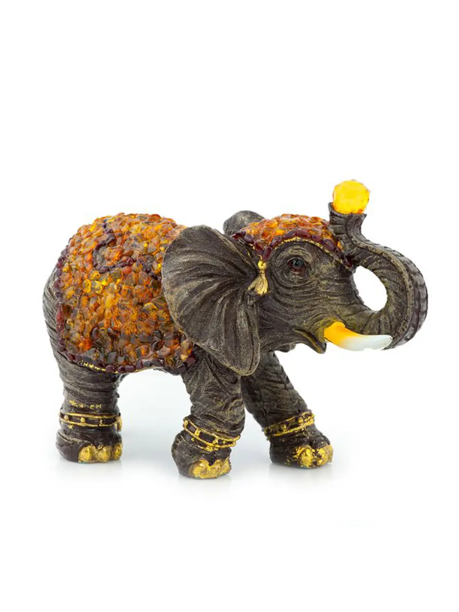 картинка Керамическая статуэтка, украшенная натуральным янтарём «Слон большой» в онлайн магазине