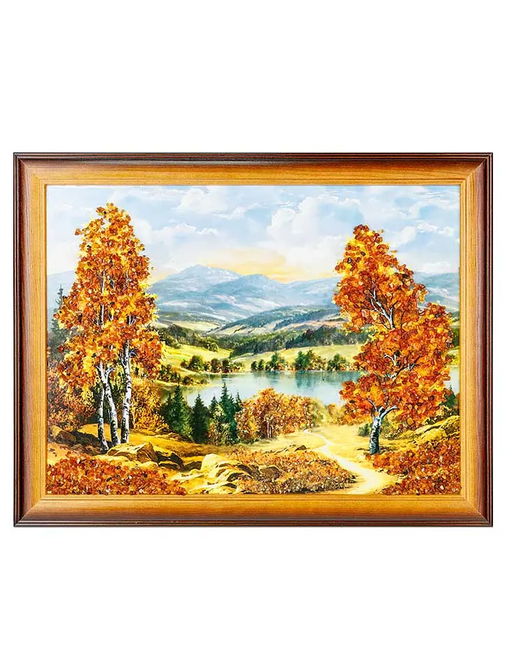 картинка Красивая картина, украшенная натуральным янтарём «Высокогорное озеро» 34 см (В) х 44 см (Ш) в онлайн магазине