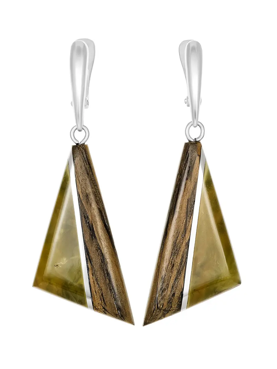 картинка Длинные треугольные серьги из дерева и натурального янтаря «Индонезия» в онлайн магазине