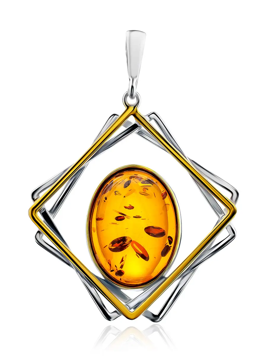 картинка Стильная подвеска с янтарём в геометрическом дизайне «Амплитуда» в онлайн магазине