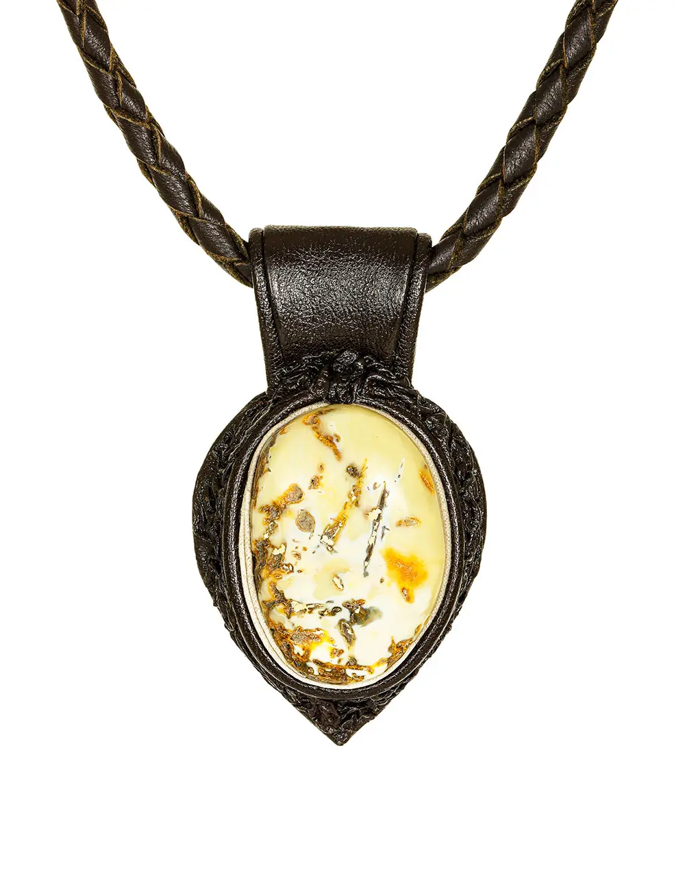 картинка Оригинальное колье из натуральной кожи и янтаря «Амазонка» в онлайн магазине