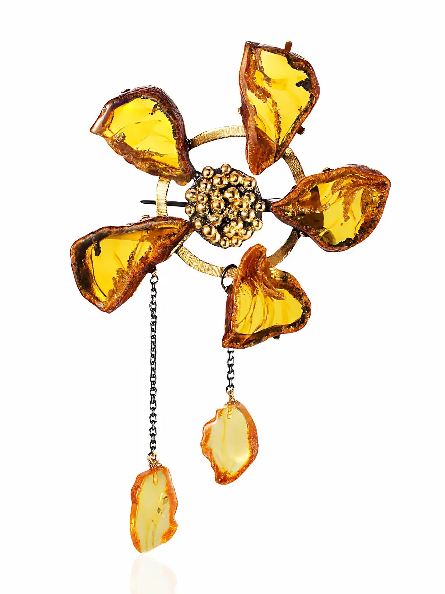 картинка Восхитительная брошь с натуральным золотистым янтарём «Цветок» в онлайн магазине