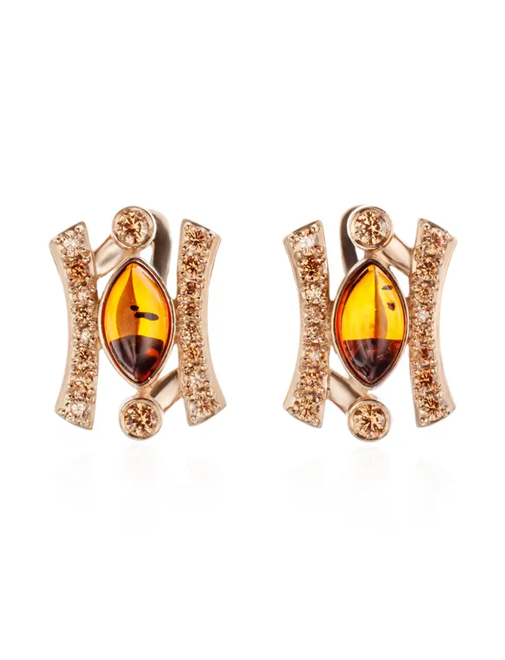 картинка Небольшие нарядные серьги «Ренессанс» из золота с натуральным коньячным янтарём в онлайн магазине