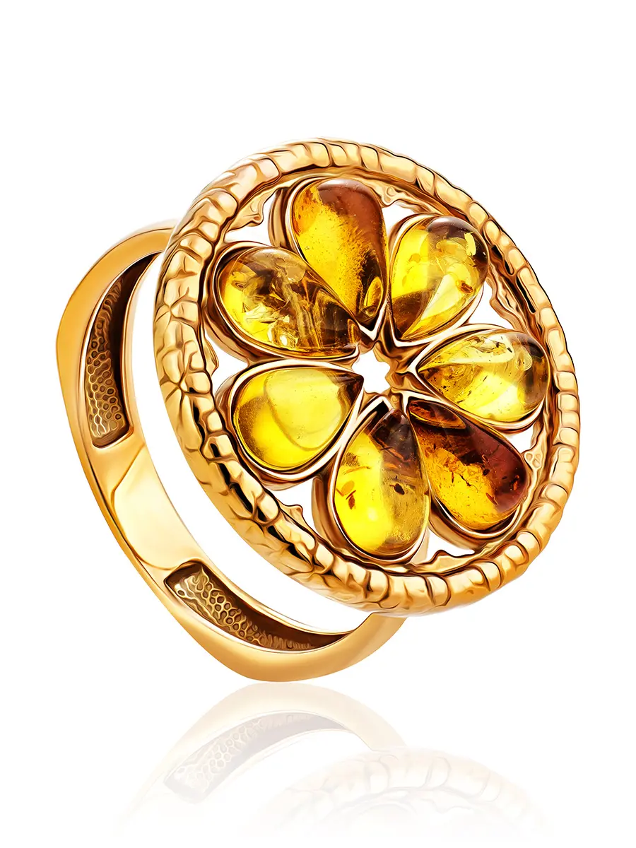 картинка Замечательное яркое кольцо «Апельсин» из позолоченного серебра и янтаря в онлайн магазине