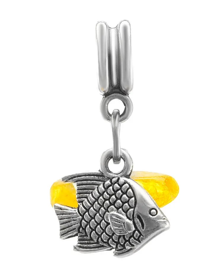 картинка Подвеска-шарм для европейского браслета с натуральным медовым янтарём «Рыбка» в онлайн магазине