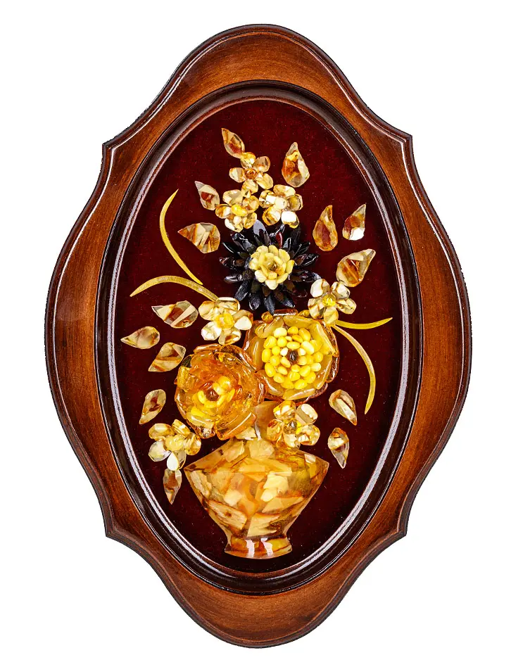 картинка Картина, созданная из натурального янтаря в деревянной раме «Букет с астрой» 32 х 22 см в онлайн магазине
