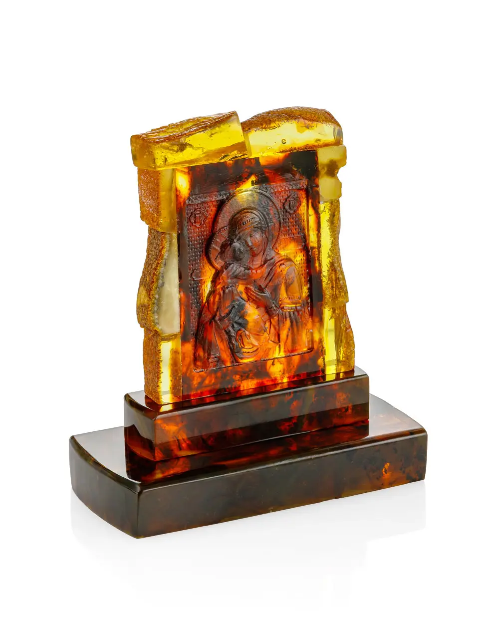 картинка Икона из натурального янтаря с резьбой «Владимирская Богоматерь» на подставке в онлайн магазине