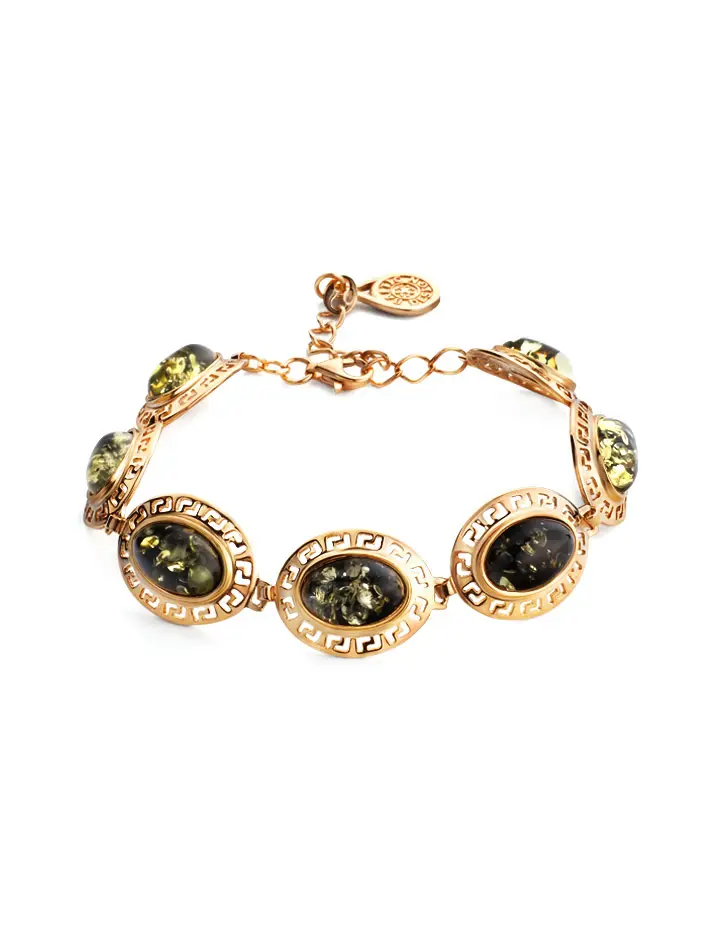 картинка Эффектный позолоченный браслет с натуральным янтарём зелёного цвета «Эллада» в онлайн магазине