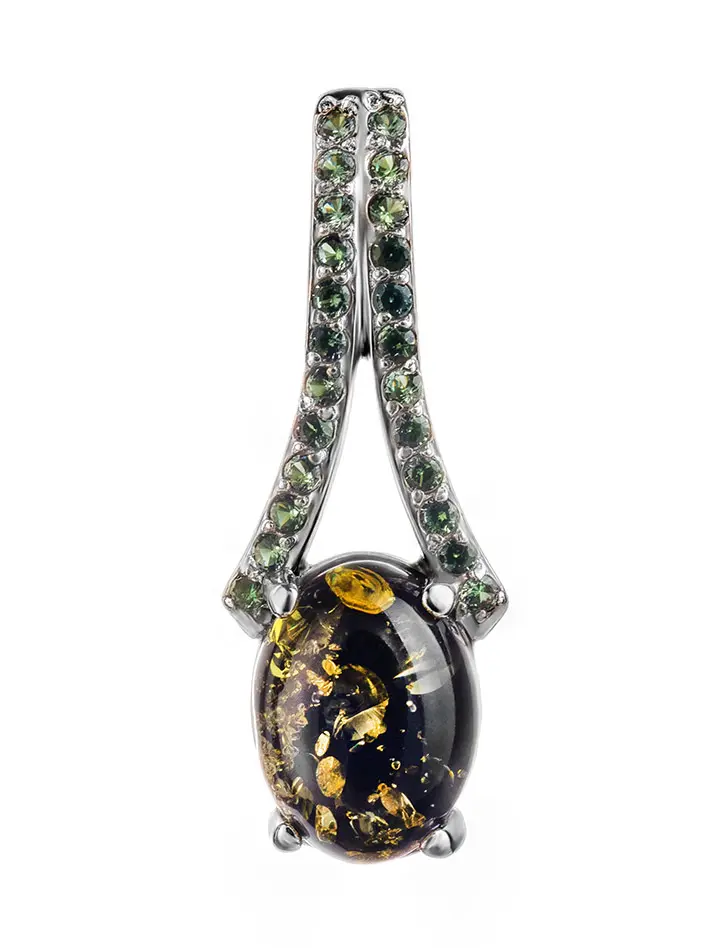 картинка Маленький кулон, украшенный зелёным янтарём и цирконитами «Ренессанс» в онлайн магазине
