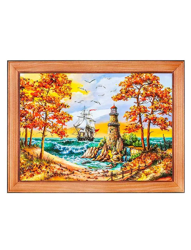 картинка «Маяк на острове». Картина горизонтального формата, украшенная янтарем 17 см (В) х 24 см (Ш) в онлайн магазине