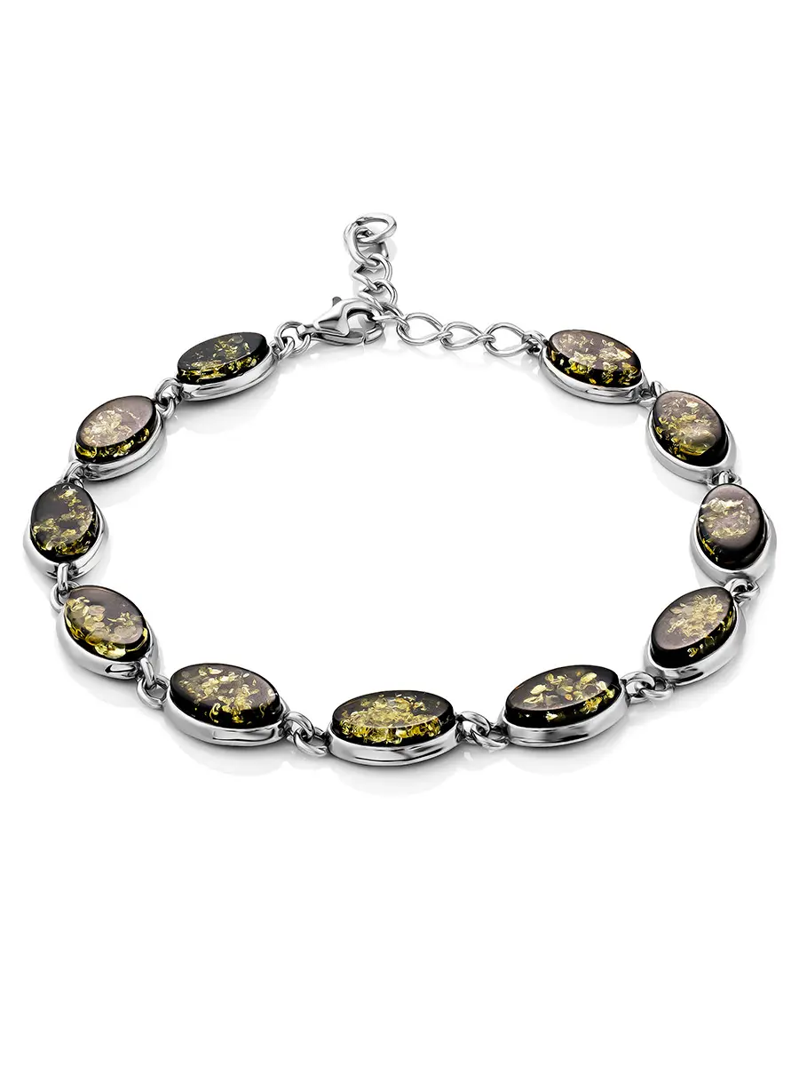 картинка Красивый стильный браслет «Бенефис» из серебра и зелёного янтаря в онлайн магазине