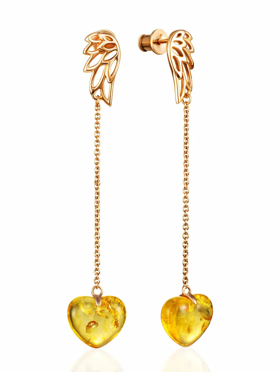 картинка Позолоченные серьги-цепочки с крыльями и лимонным янтарём «Сердце» в онлайн магазине