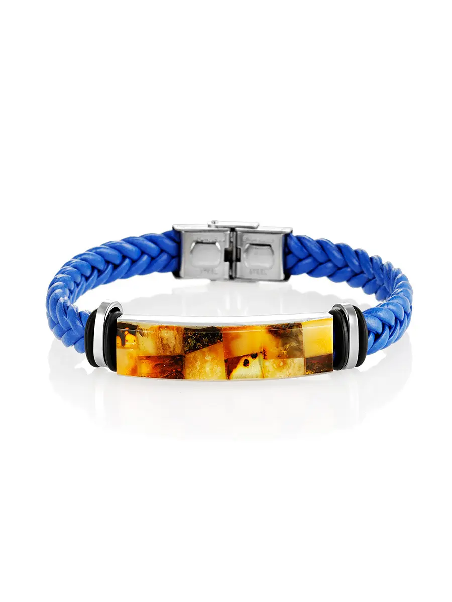 картинка Ярко-синий браслет из кожи, украшенный натуральным янтарём «Сильверстоун» в онлайн магазине
