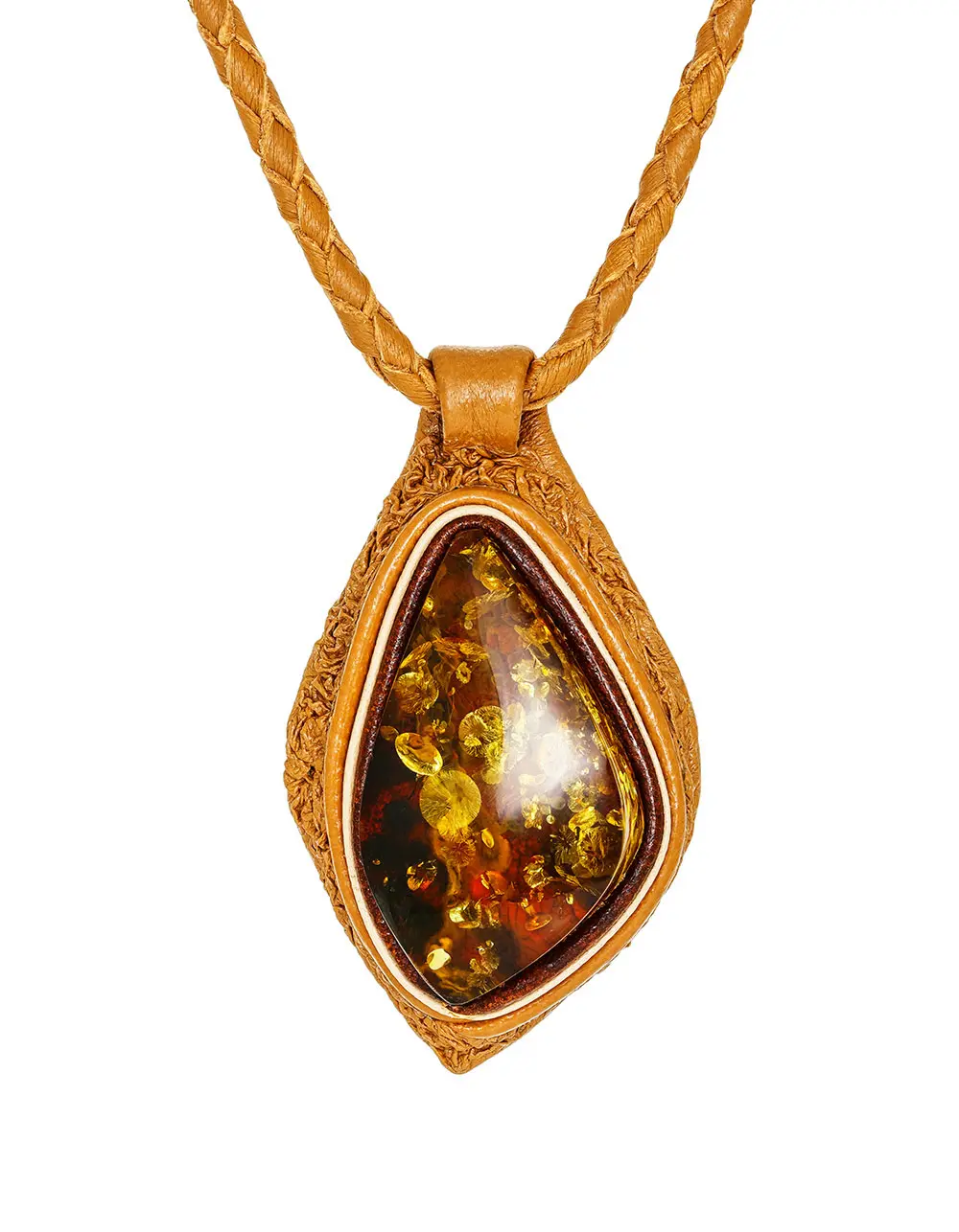 картинка Колье из кожи «Амазонка» с искрящимся коньячным янтарём  в онлайн магазине