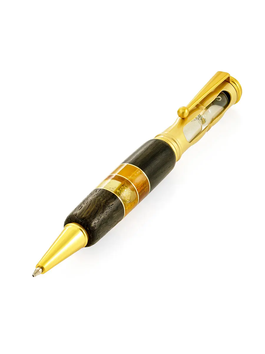 картинка Оригинальная ручка с песочными часами, украшенная янтарём и деревом в онлайн магазине