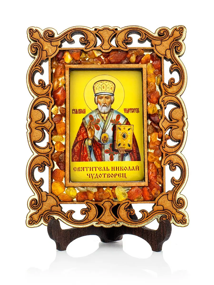 картинка Магнитная иконка в резной деревянной рамке с янтарем  «Святитель Николай Чудотворец» в онлайн магазине