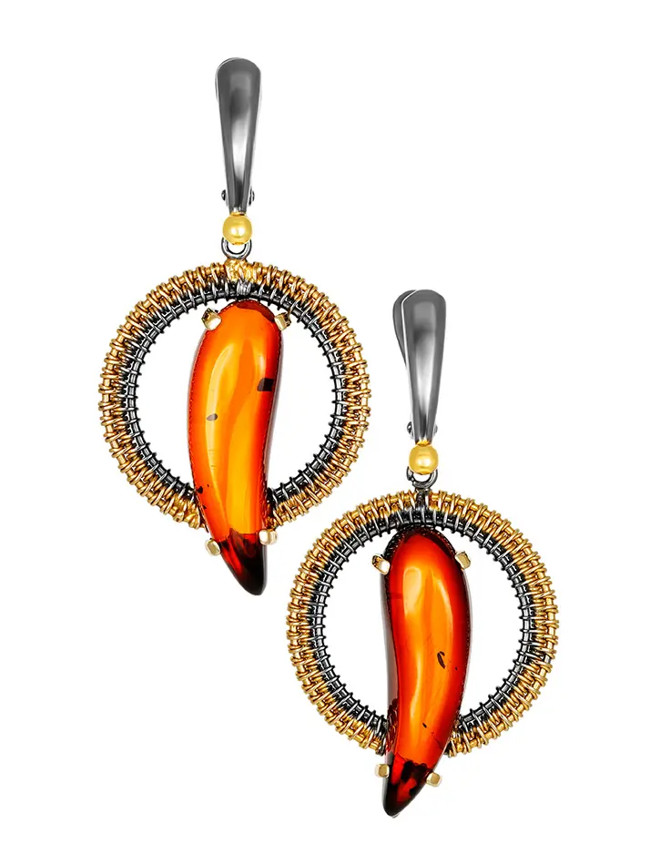 картинка Эффектные яркие серьги из натурального янтаря в золочённом серебре «Версаль» в онлайн магазине