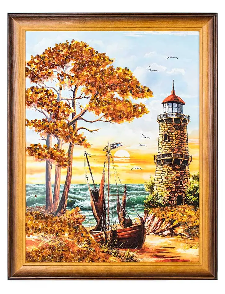 картинка Вертикальная картина с россыпью натурального балтийского янтаря «Рыбацкая лодка» в онлайн магазине
