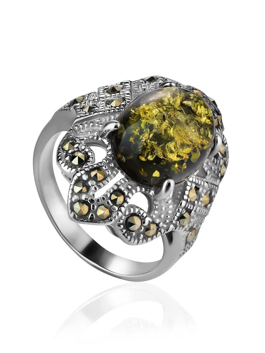 картинка Эффектное серебряное кольцо с янтарем и марказитами «Эйфория» в онлайн магазине
