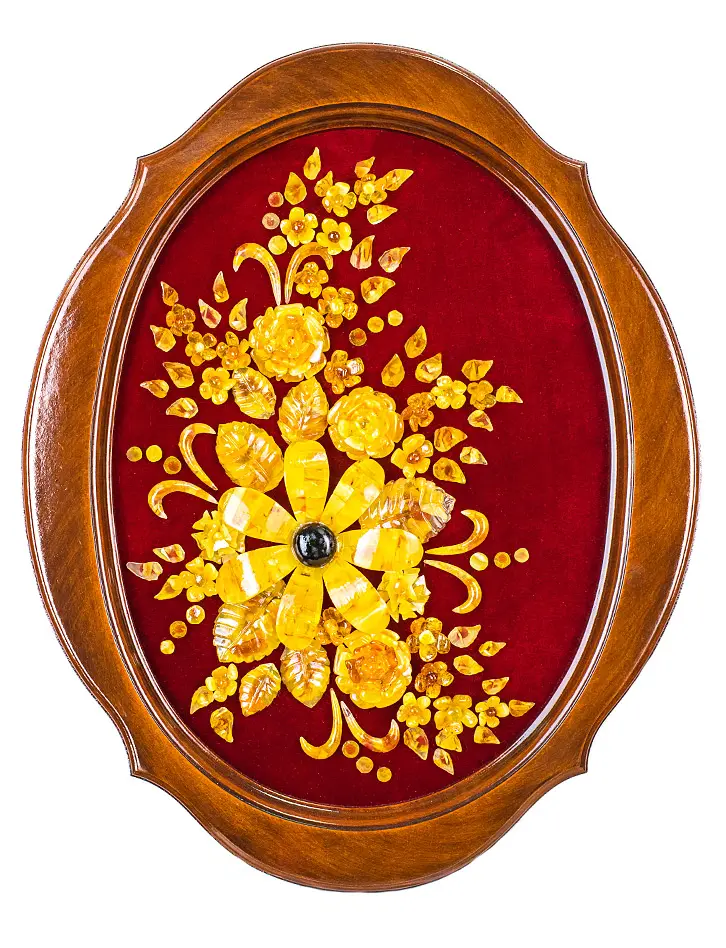 картинка Красивое панно из натурального янтаря на бархате «Ваза с цветами» 54 х 44 см в онлайн магазине