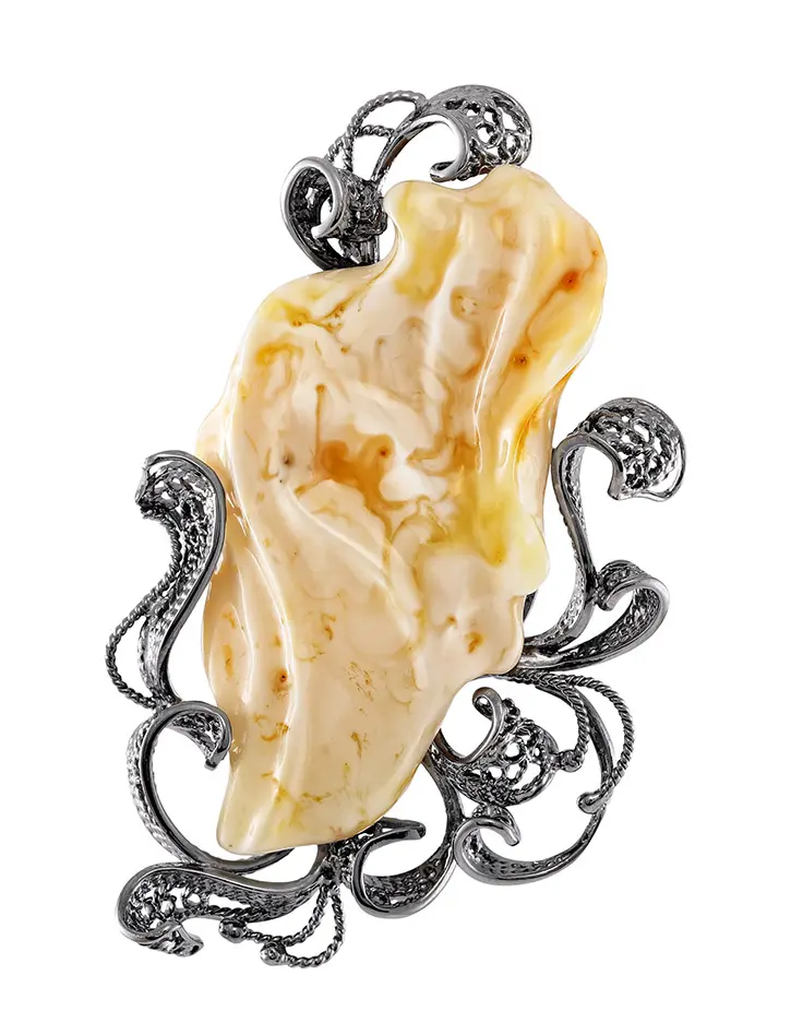 картинка Роскошная серебряная брошь с янтарём «Филигрань» в онлайн магазине