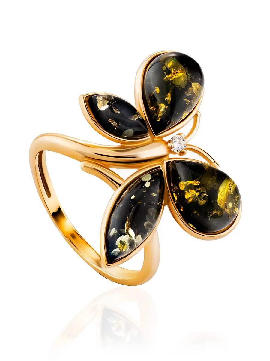 картинка Красивое кольцо «Апрель» из позолоченного серебра и зелёного янтаря в онлайн магазине