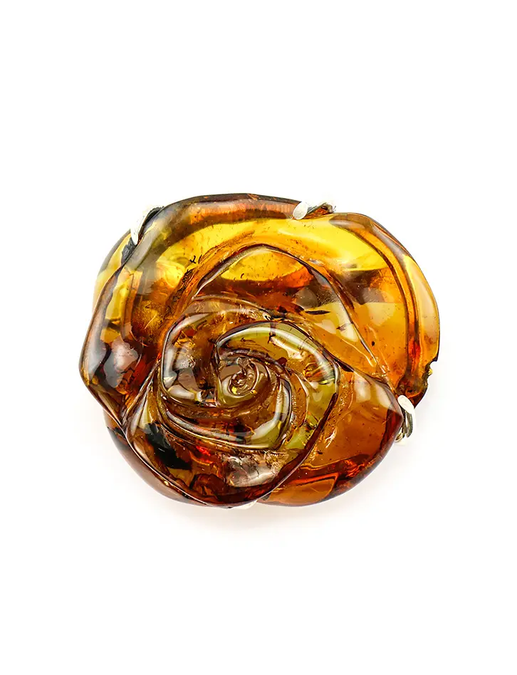 картинка Крупная брошь из натурального янтаря насыщенного чайного цвета «Роза» в онлайн магазине