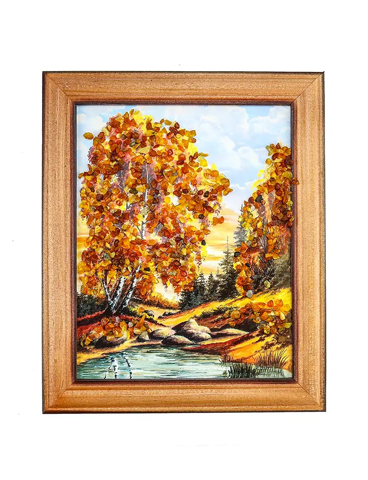 картинка Небольшое вертикальное панно с натуральным янтарем «Осенняя береза» в онлайн магазине