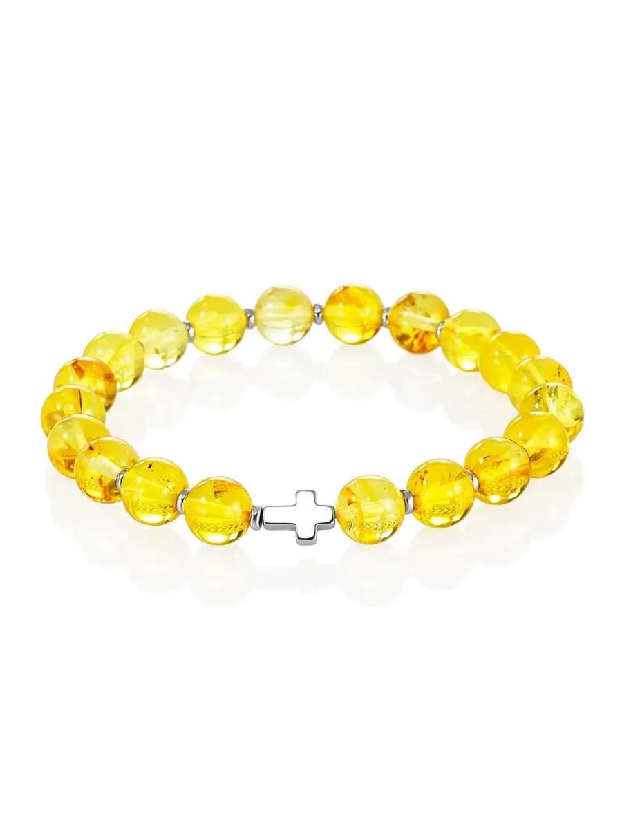 картинка Лёгкий яркий браслет из лимонного янтаря с крестиком из гематита в онлайн магазине