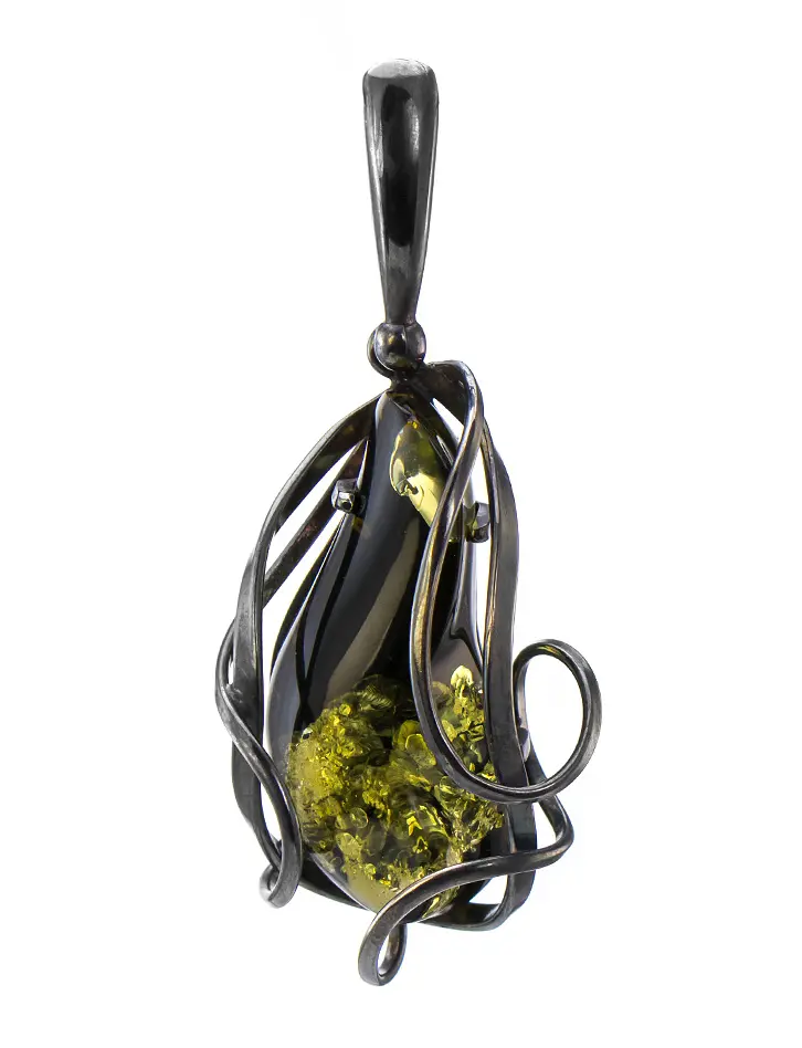 картинка Роскошная подвеска из чернёного серебра и натурального янтаря зелёного цвета «Риальто» в онлайн магазине