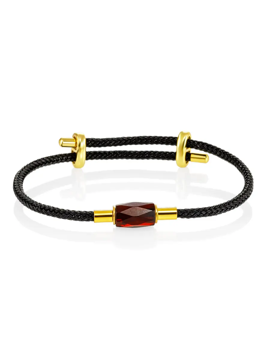 картинка Лёгкий браслет на плетёной основе с гранёной янтарной вставкой в онлайн магазине