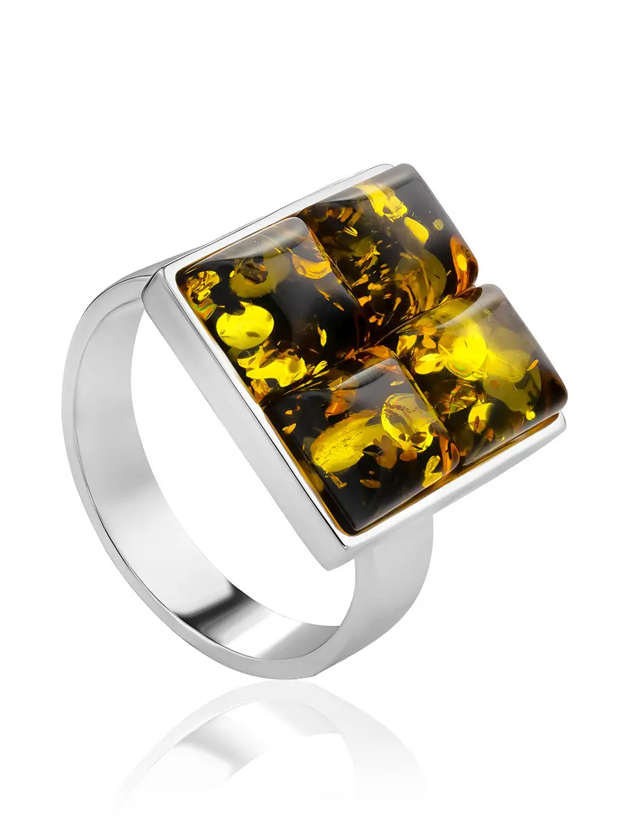 картинка Стильное геометрическое кольцо «Коломбина» с зелёным янтарём в онлайн магазине