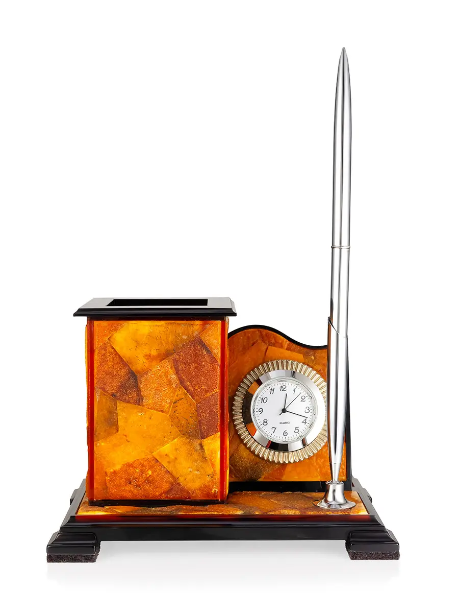 картинка Настольный органайзер-стакан с часами и ручкой из янтаря в онлайн магазине