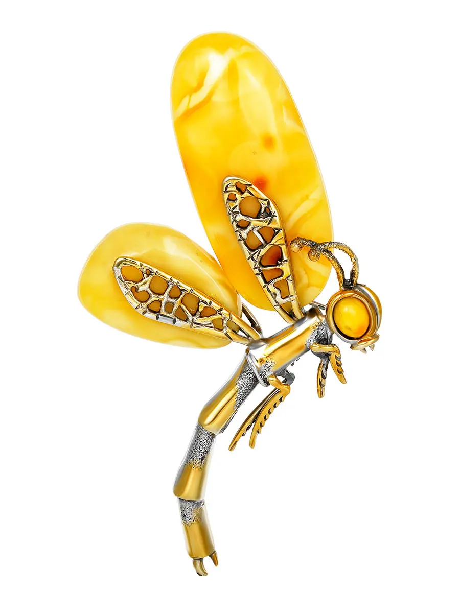 картинка Крупная брошь из серебра с золочением и натурального медового янтаря «Стрекоза» в онлайн магазине