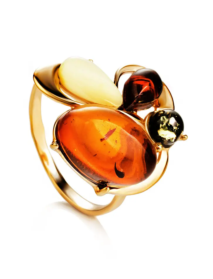 картинка Изящное кольцо из золота с вставками из натурального янтаря трех цветов «Симфония» в онлайн магазине