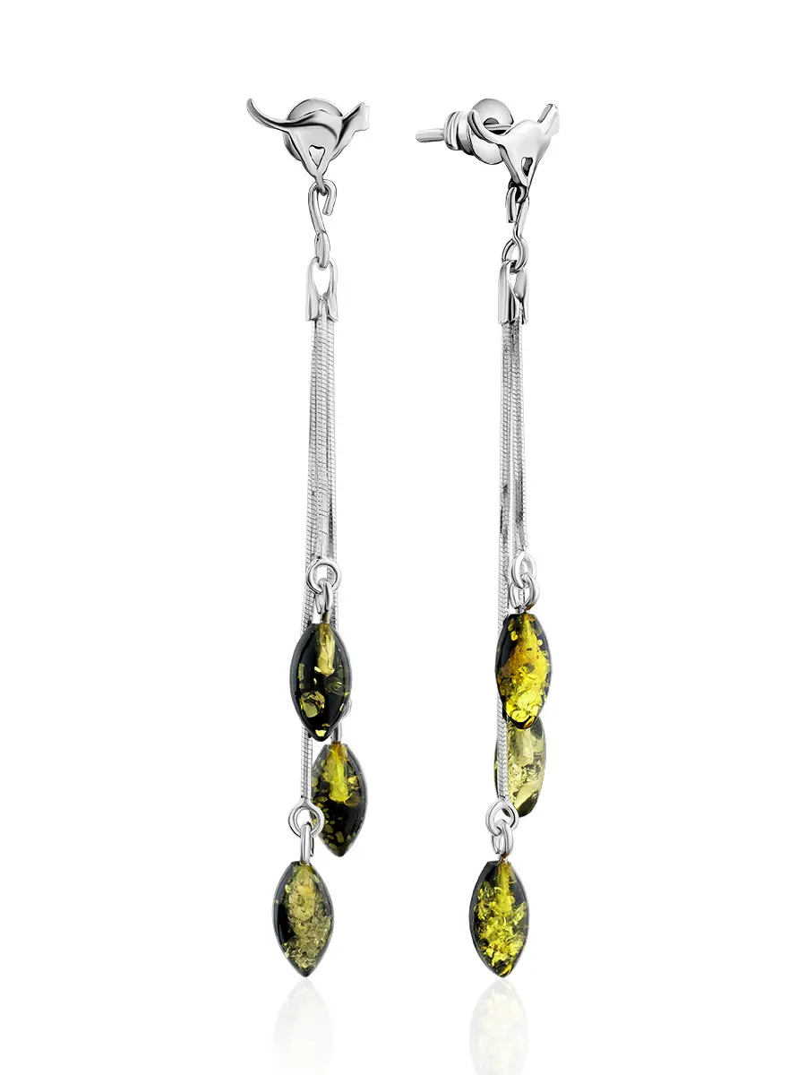 картинка Оригинальные серьги-цепочки из серебра и натурального янтаря зелёного цвета «Кошечка» в онлайн магазине