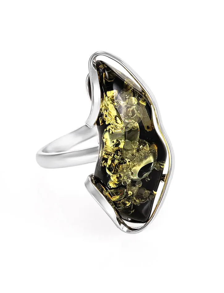 картинка Изящное серебряное кольцо с натуральным зелёным балтийским янтарём «Лагуна» в онлайн магазине