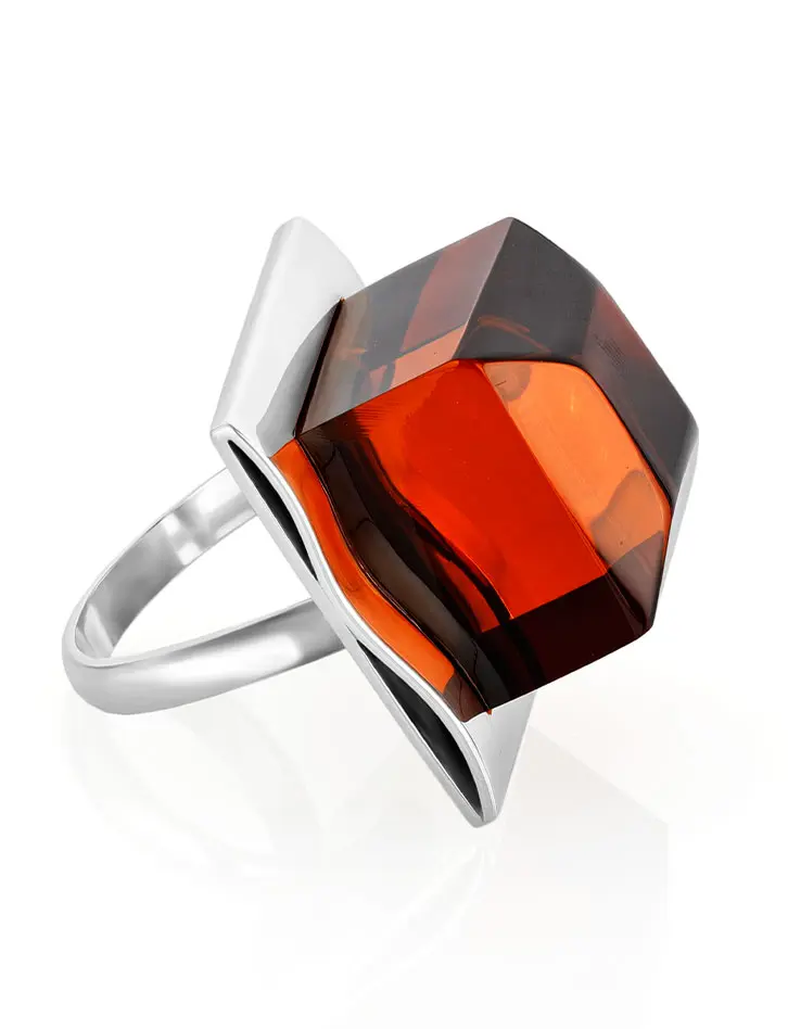 картинка Крупное оригинальное кольцо из серебра и натурального янтаря «Жаклин» в онлайн магазине
