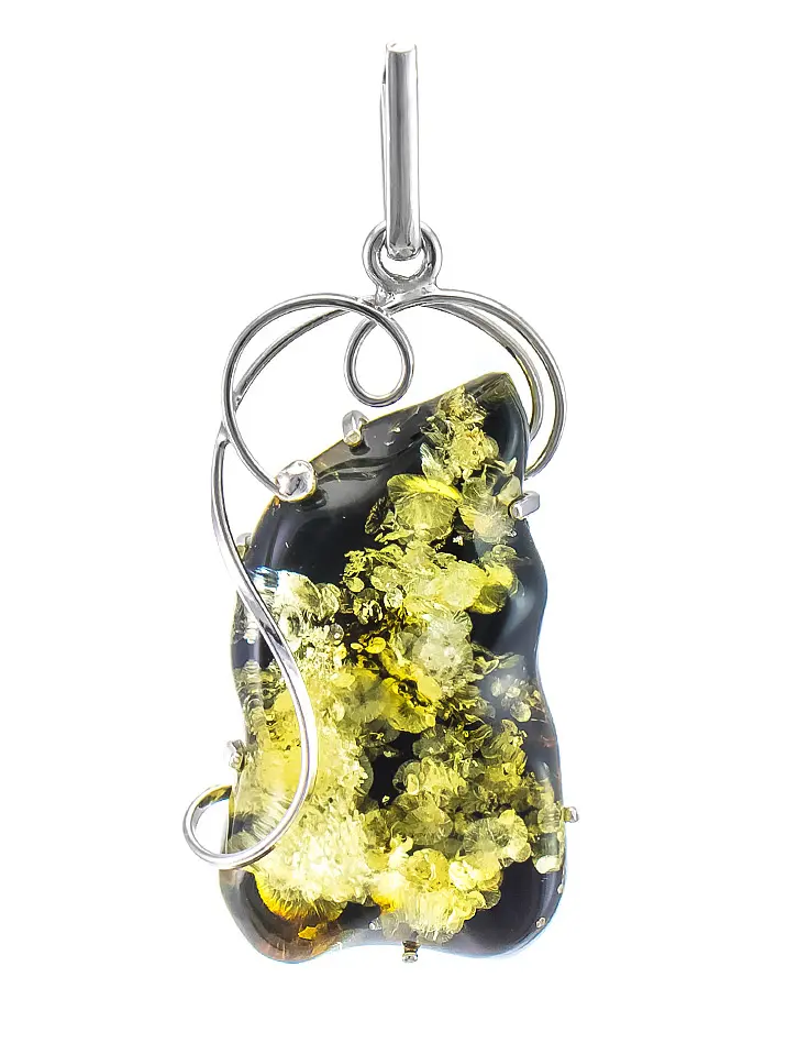 картинка Подвеска из натурального зеленого янтаря с красивой искрящейся текстурой в серебре «Риальто» в онлайн магазине
