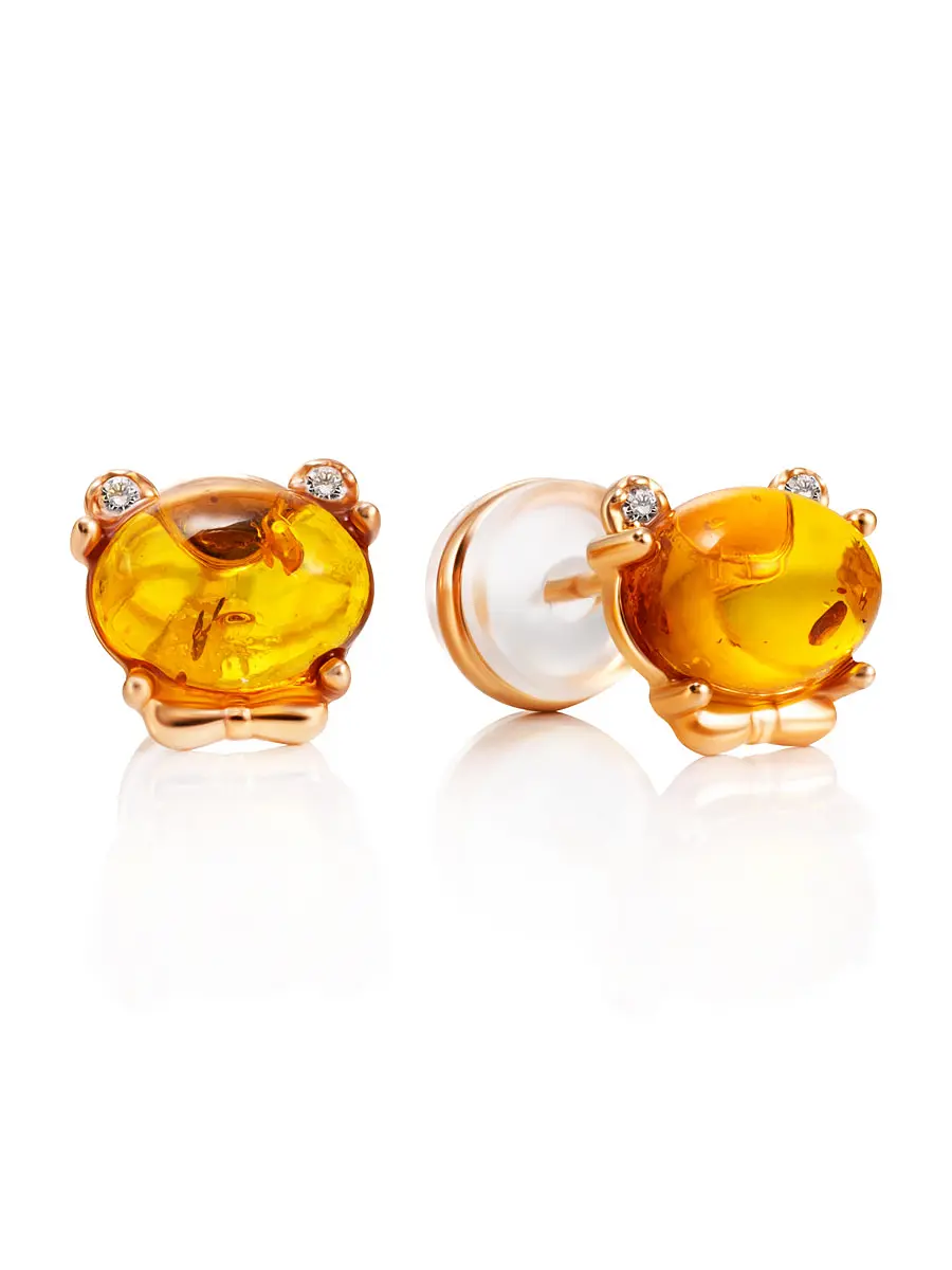 картинка Милые серьги-гвоздики с золотистым янтарём «Медвежонок» в онлайн магазине