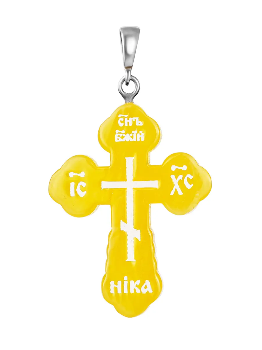 картинка Нательный крестик из цельного медового янтаря с резьбой в онлайн магазине
