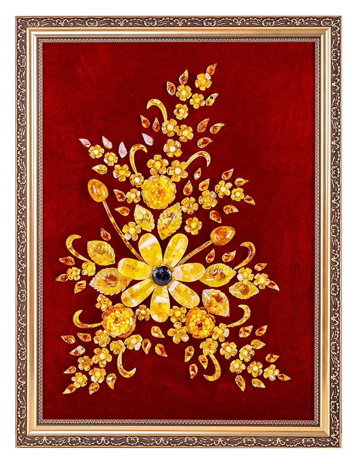 картинка Картина из натурального янтаря на вишнёвом бархате «Букет с ромашкой и тюльпанами» в онлайн магазине