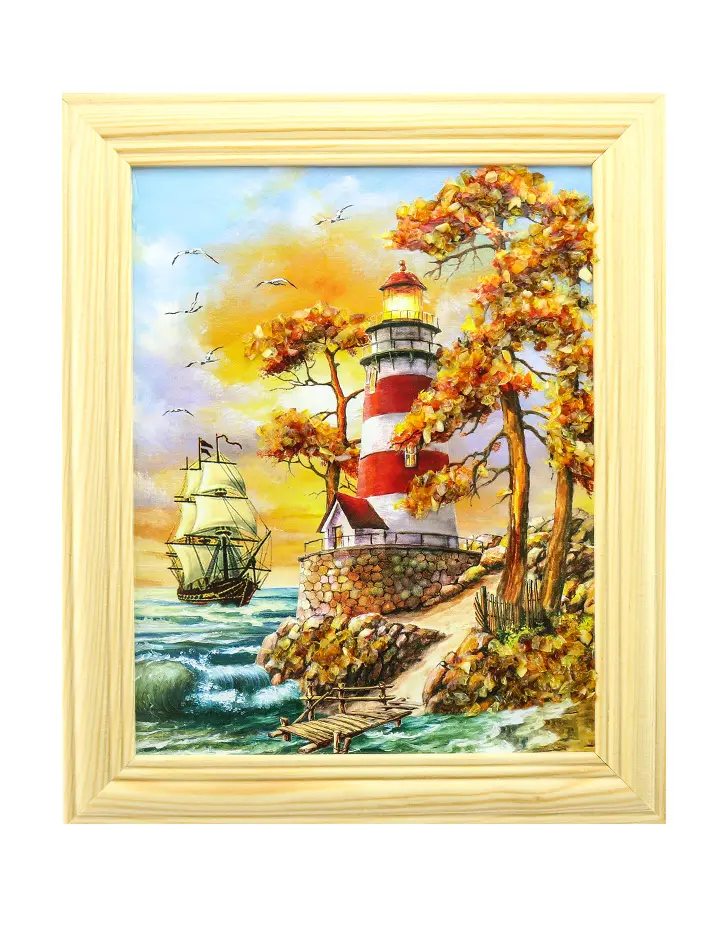 картинка «У маяка». Небольшая вертикально ориентированная картина, украшенная янтарем в онлайн магазине
