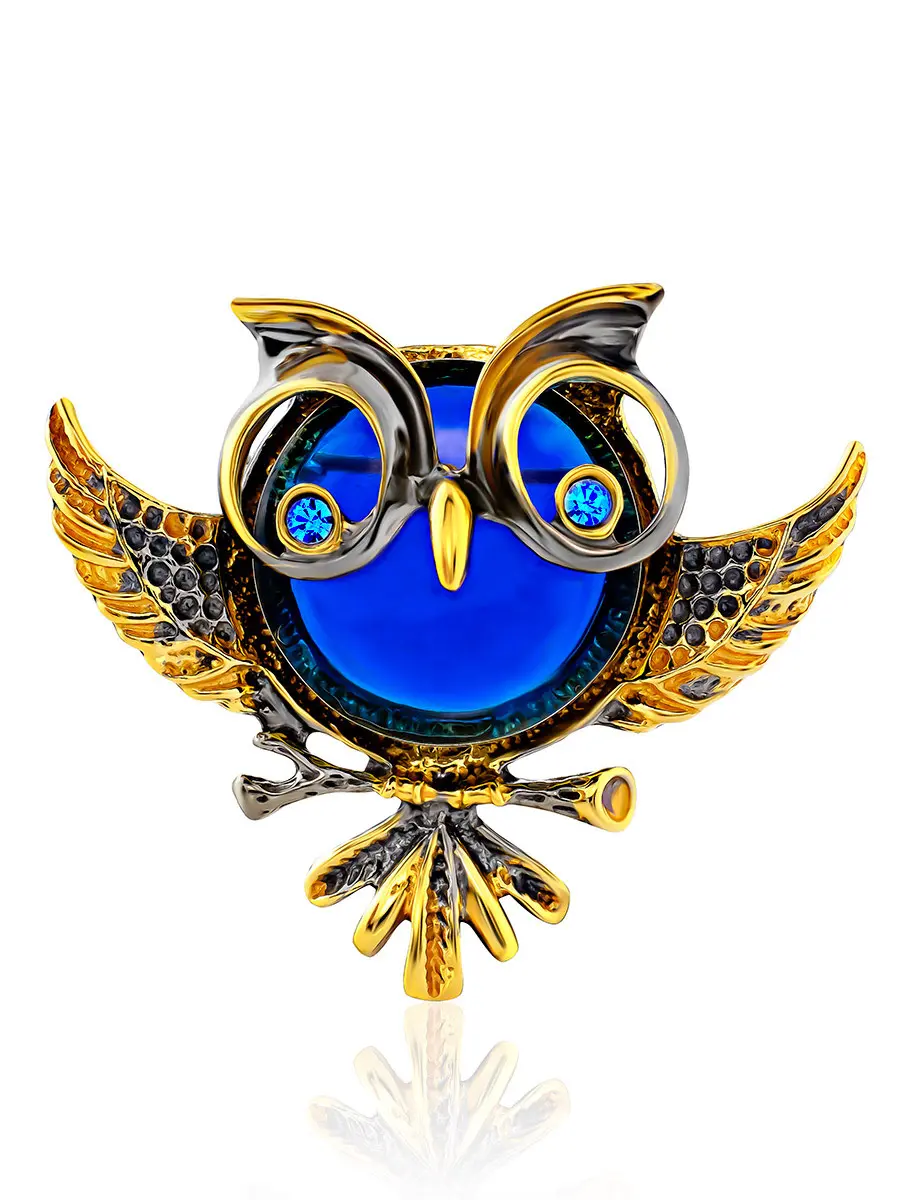 картинка Яркая брошь, украшенная синим янтарём «Сова» в онлайн магазине