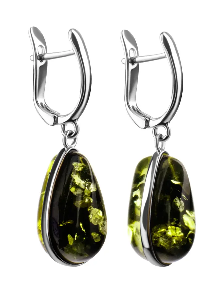 картинка Объёмные серьги из натурального зелёного янтаря в серебре «Импульс» в онлайн магазине