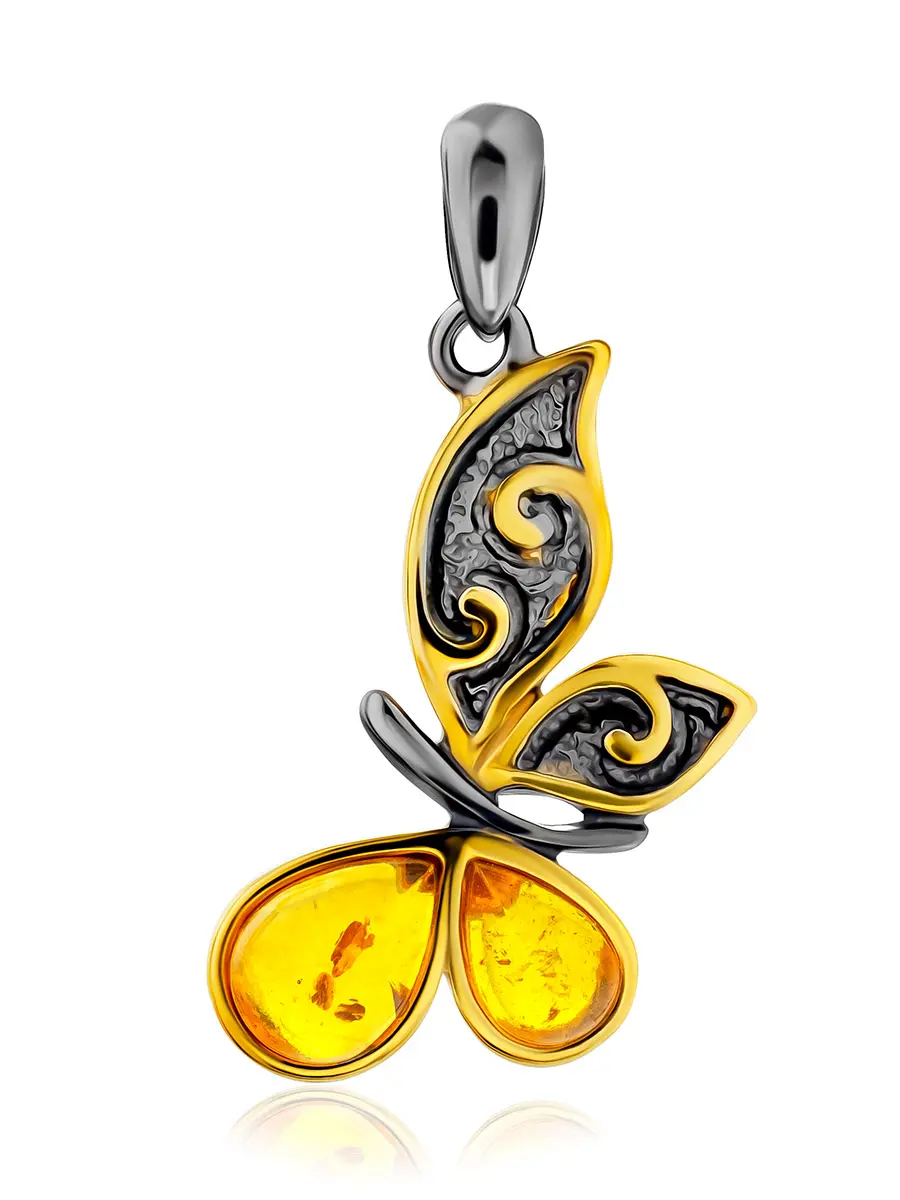 картинка Изящная подвеска в форме бабочки с золотистым янтарём «Апрель» в онлайн магазине
